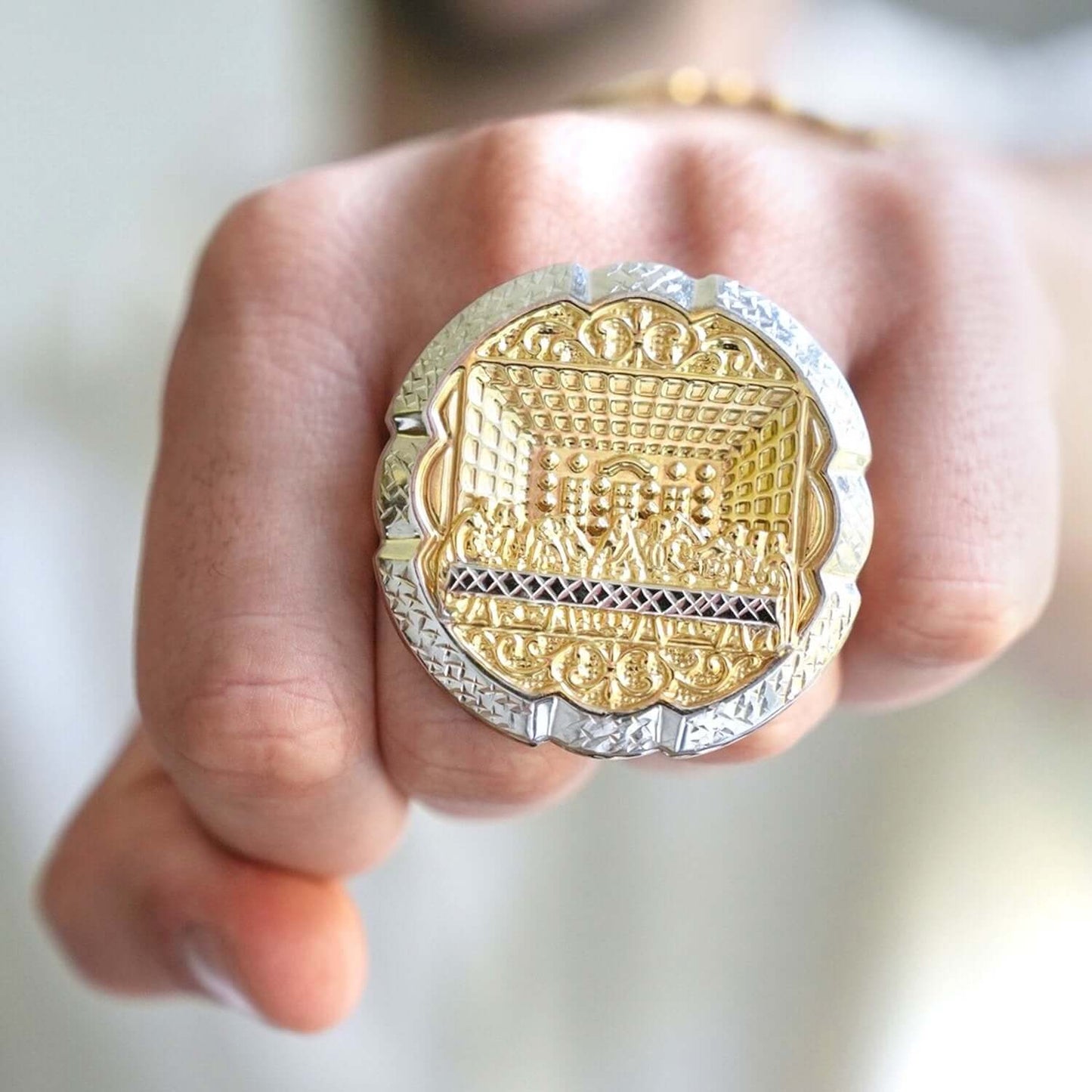 10K Gold Two-Tone White Yellow Round Last Supper Two-Finger Ring