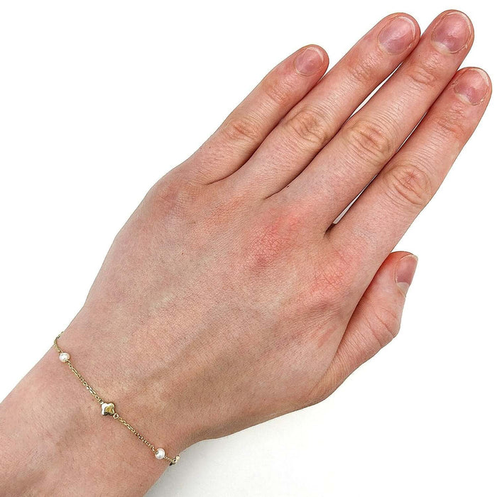 14K Yellow Gold 1mm Cable Clover Leaf Pearl Bracelet (Solid Links) 6.5" - 7" Adjustable - WJD Exclusives