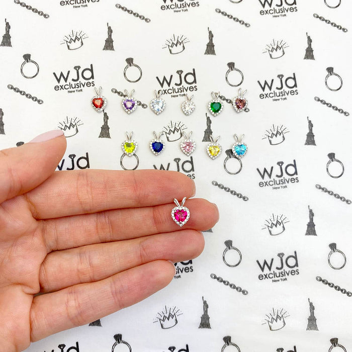 14K White Gold Birthstone and CZ Heart Shape Pendant 0.5"