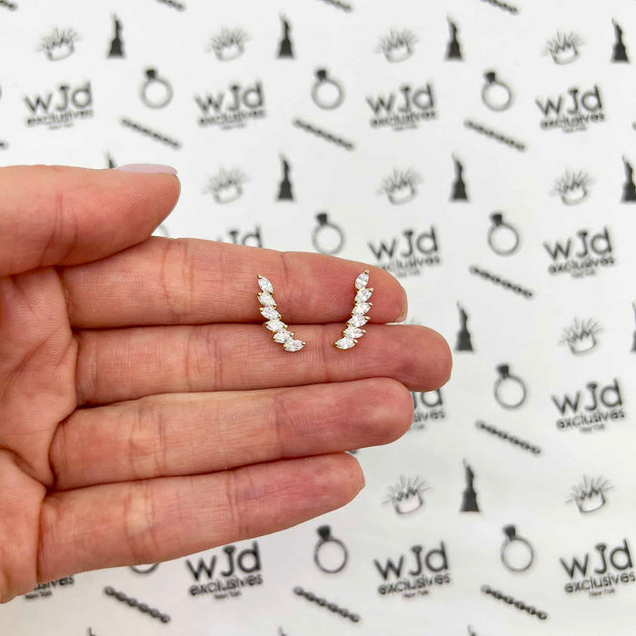 14K Yellow Gold 1.5CTW CZ 15mm Curved Climber Leaf Stud Earrings