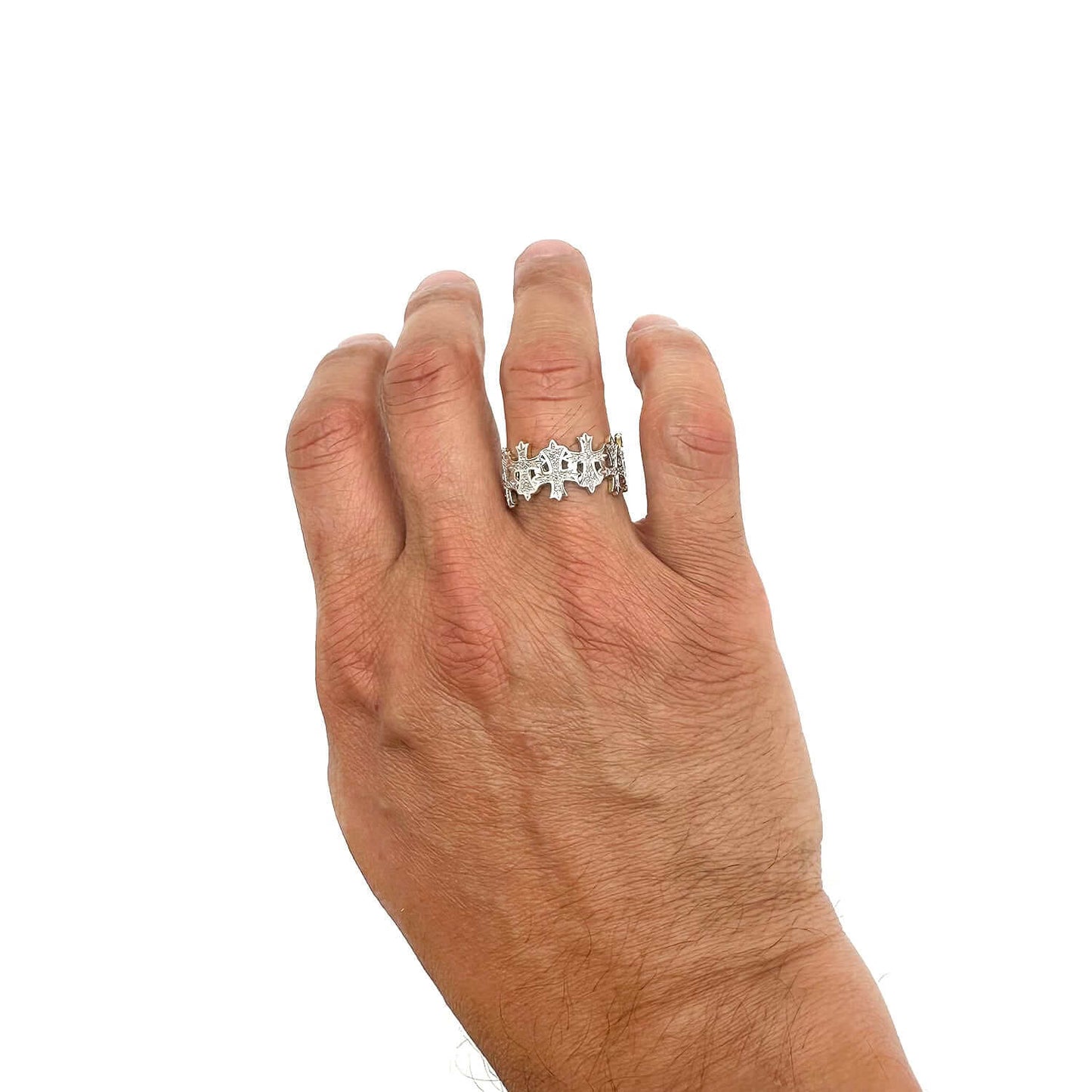 0.35CTW Real Diamond 10K Real Gold Two-Tone White Fleur-De-Lis Cross Band Ring