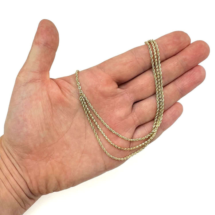 10K Yellow Gold 1.8mm Rope and Popcorn Triple - Strand Necklace Chain (Hollow) 17" - WJD Exclusives