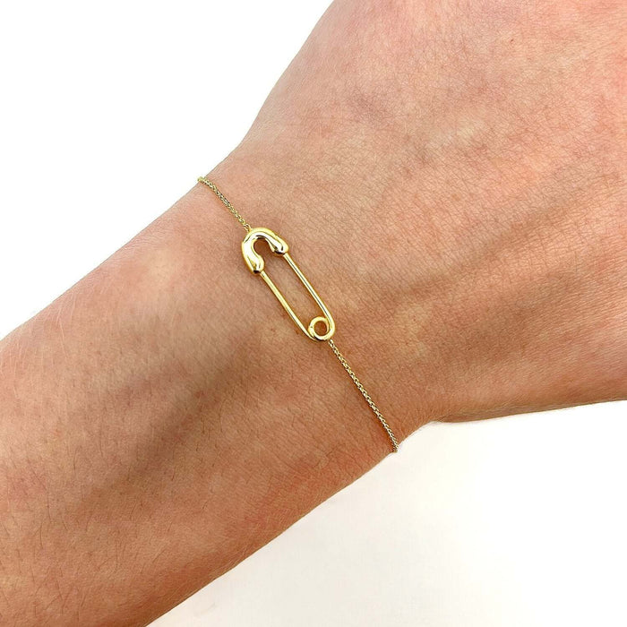 14K Yellow Gold Cable Safety Pin Station Bracelet (Solid Links) 7" - 7.50" Adjustable - WJD Exclusives