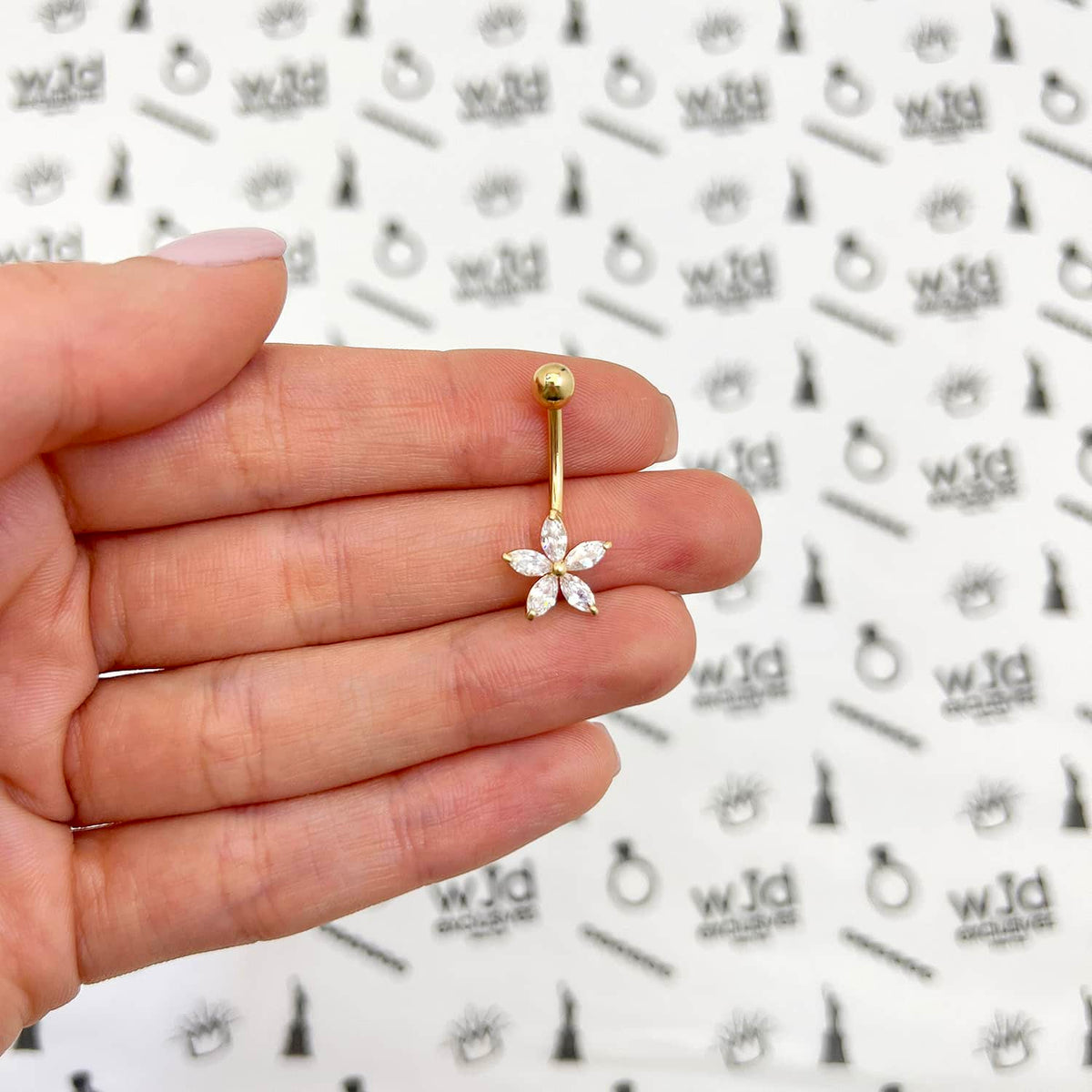 14K White Gold CZ Flower Belly Navel Ring 1"