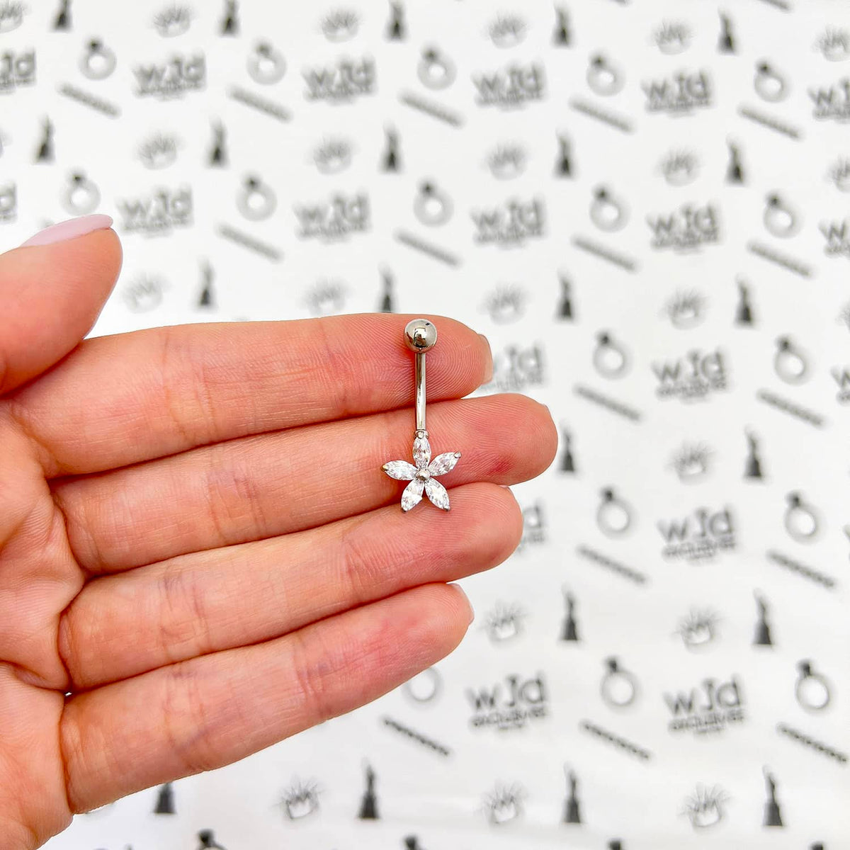 14K White Gold CZ Flower Belly Navel Ring 1"