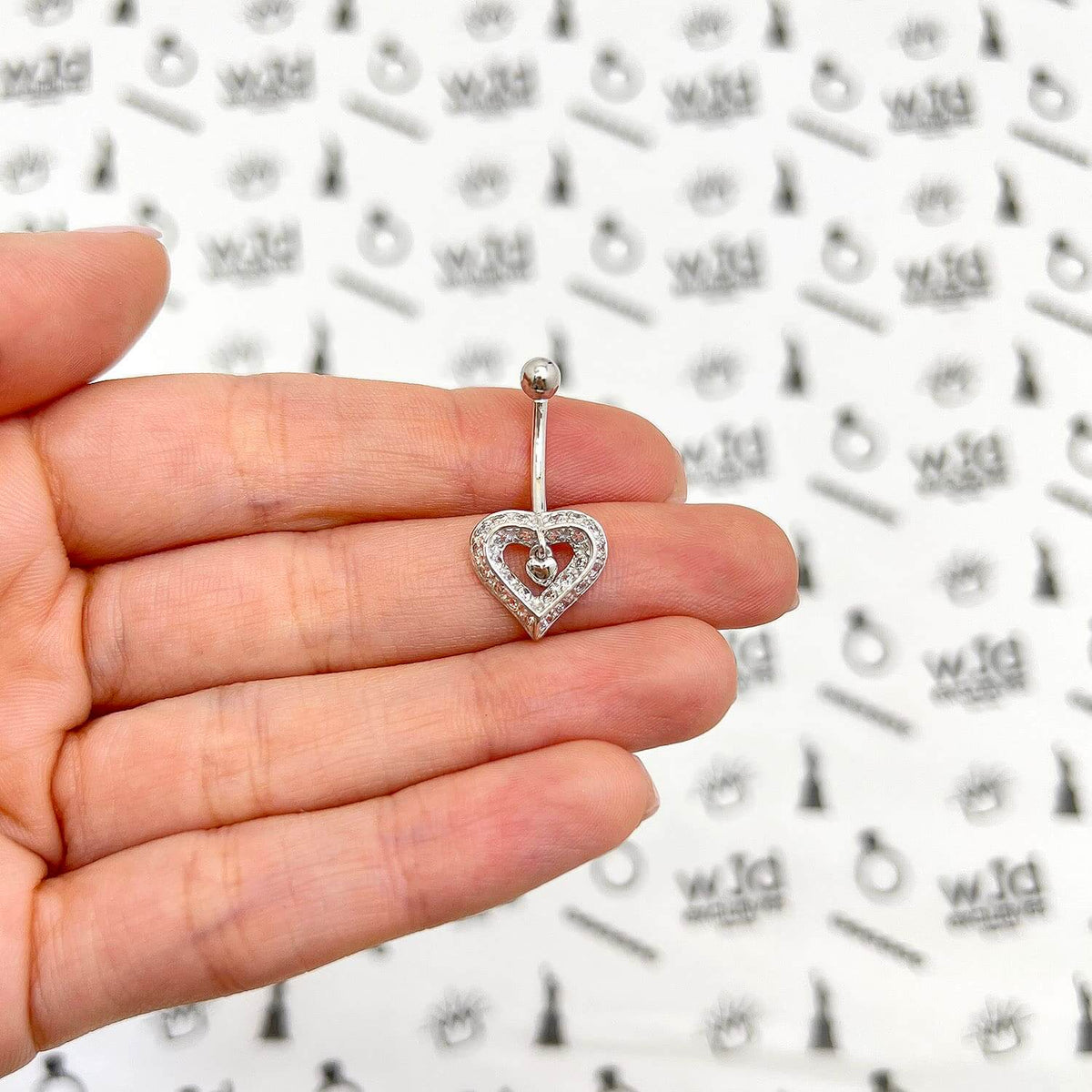 14K White Gold CZ Heart Navel Belly Button Ring
