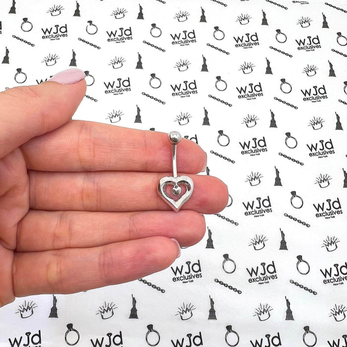 14K White Gold Two Hearts Navel Belly Button Ring Body Piercing
