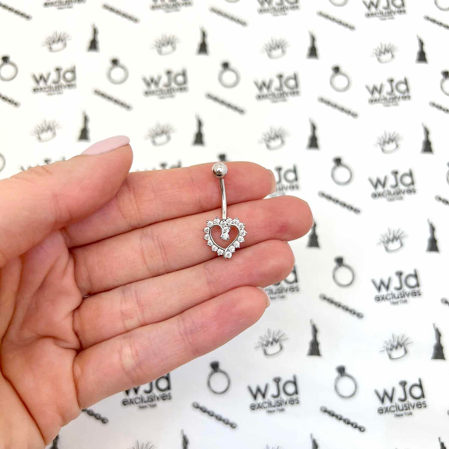 14K Real Gold White CZ Open Heart Belly Button Navel Ring