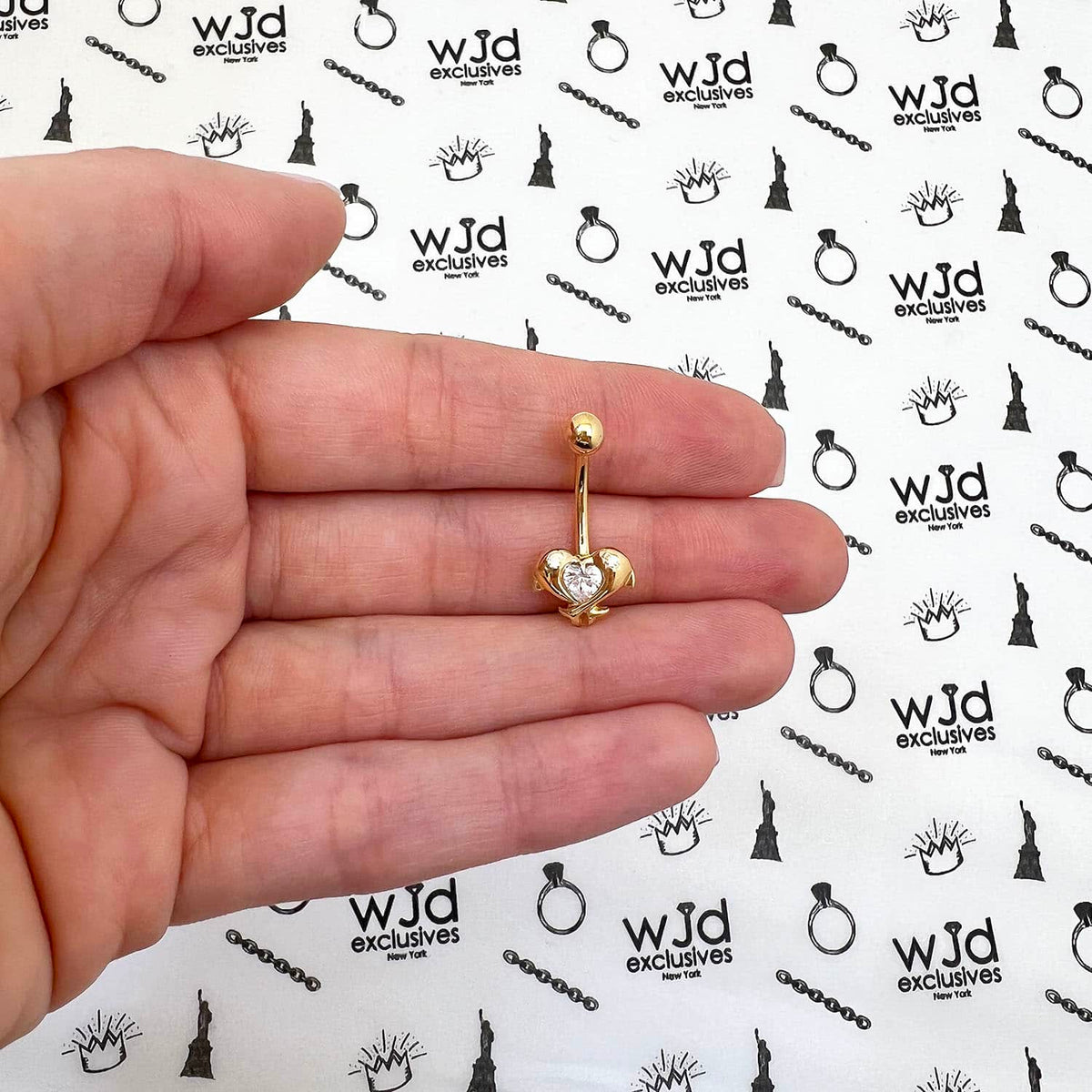 14K Yellow Gold White CZ Dolphins Navel Belly Button Ring