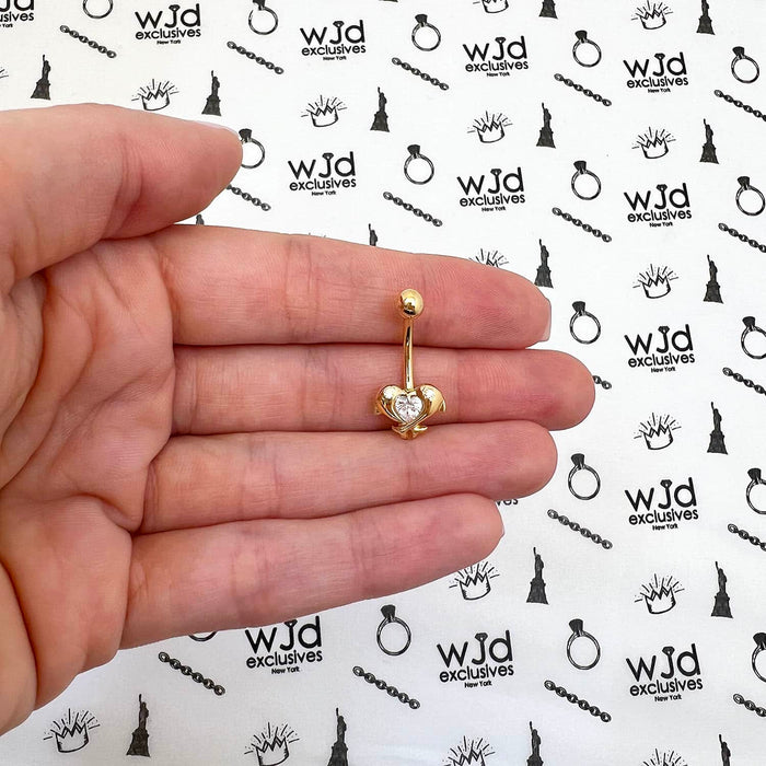 14K Yellow Gold White CZ Dolphins Navel Belly Button Ring