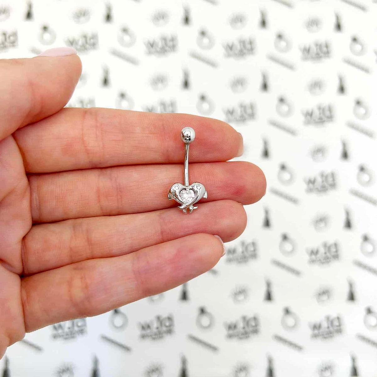 14K Yellow Gold White CZ Dolphins Navel Belly Button Ring