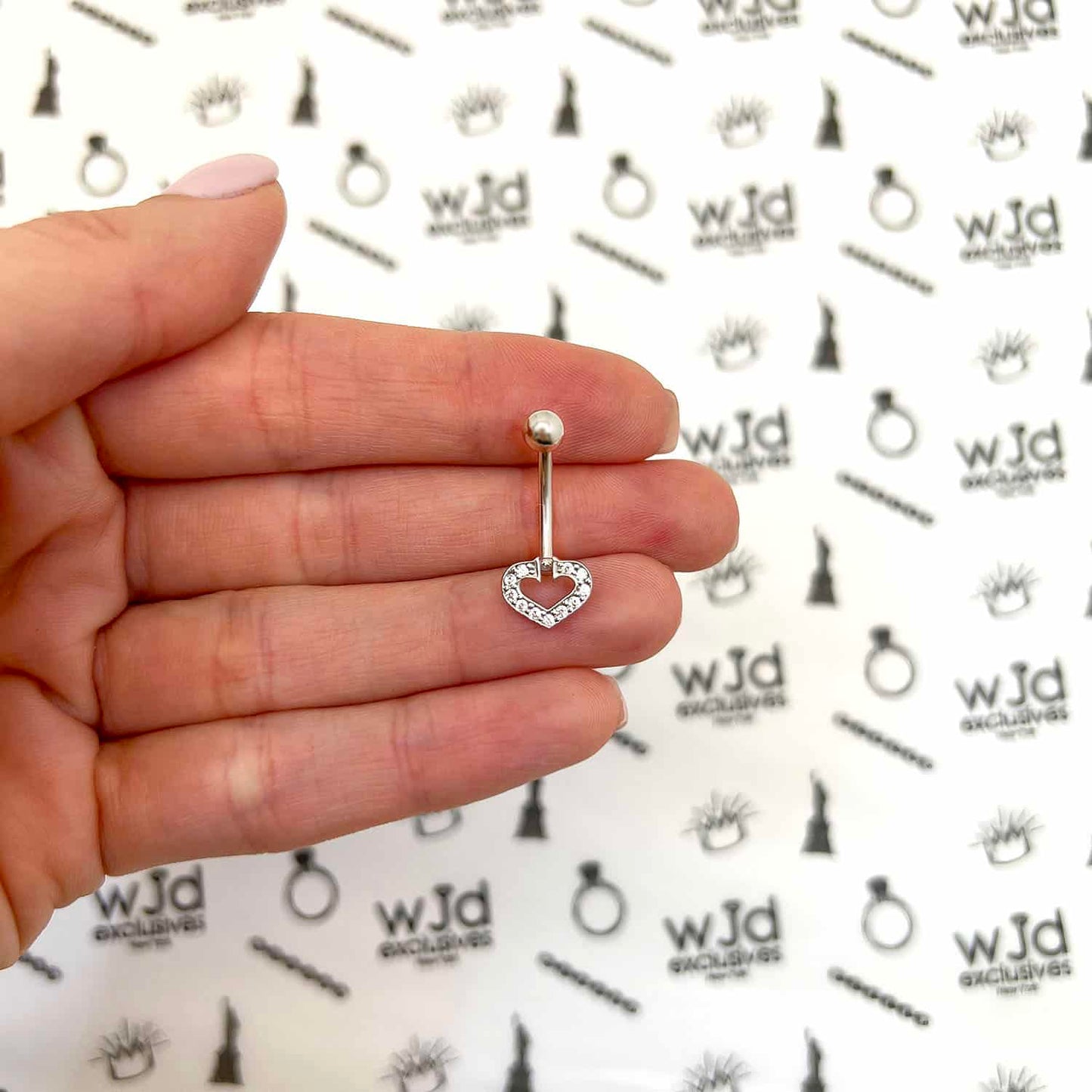 14K Real Gold White CZ Heart Horseshoe Belly Navel Ring