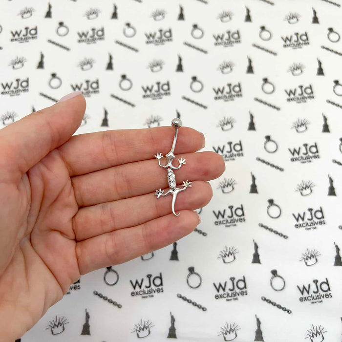 14K White Gold CZ Lizard 14G Belly Button Navel Ring