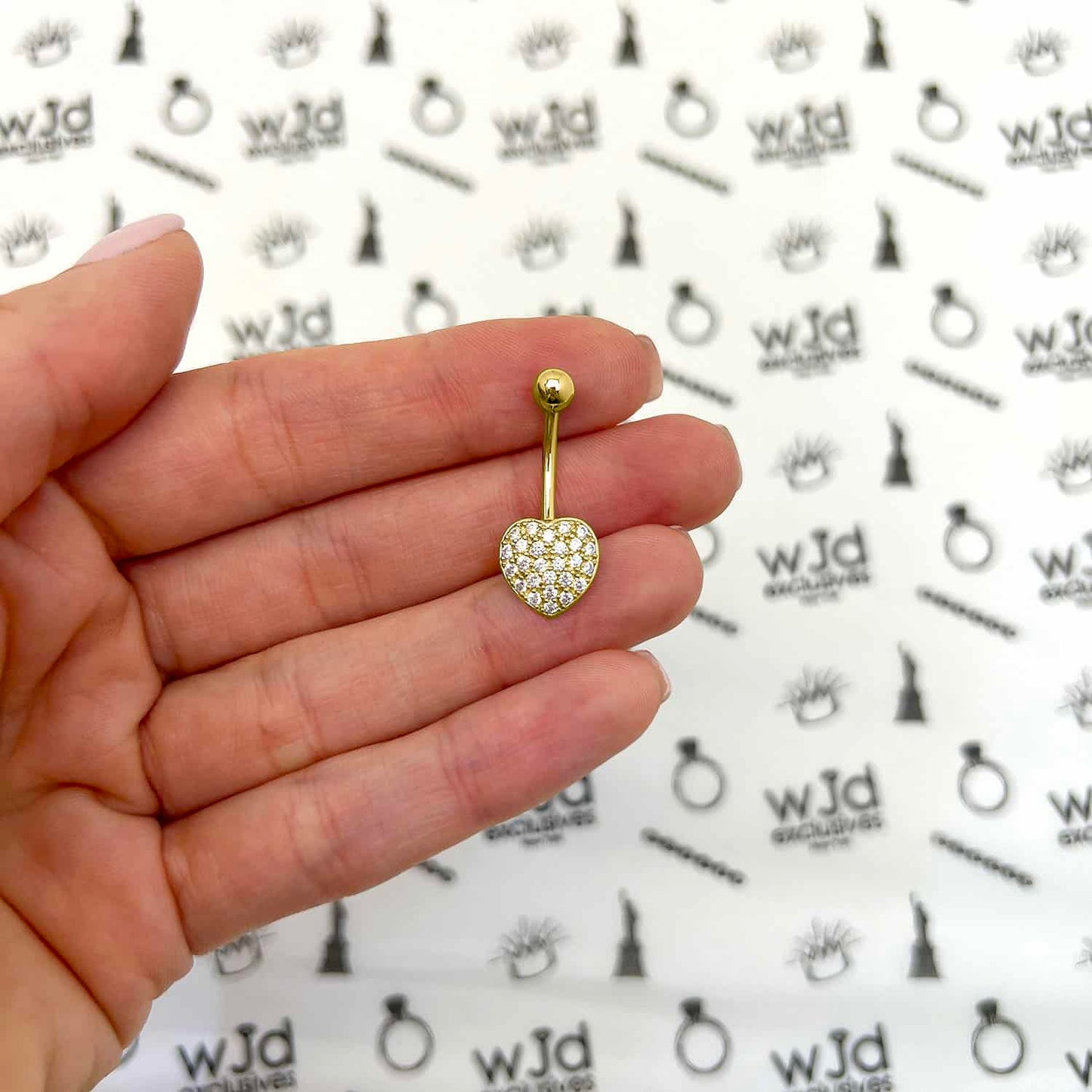 14K Real Gold White CZ Heart Belly Button Navel Ring 14G