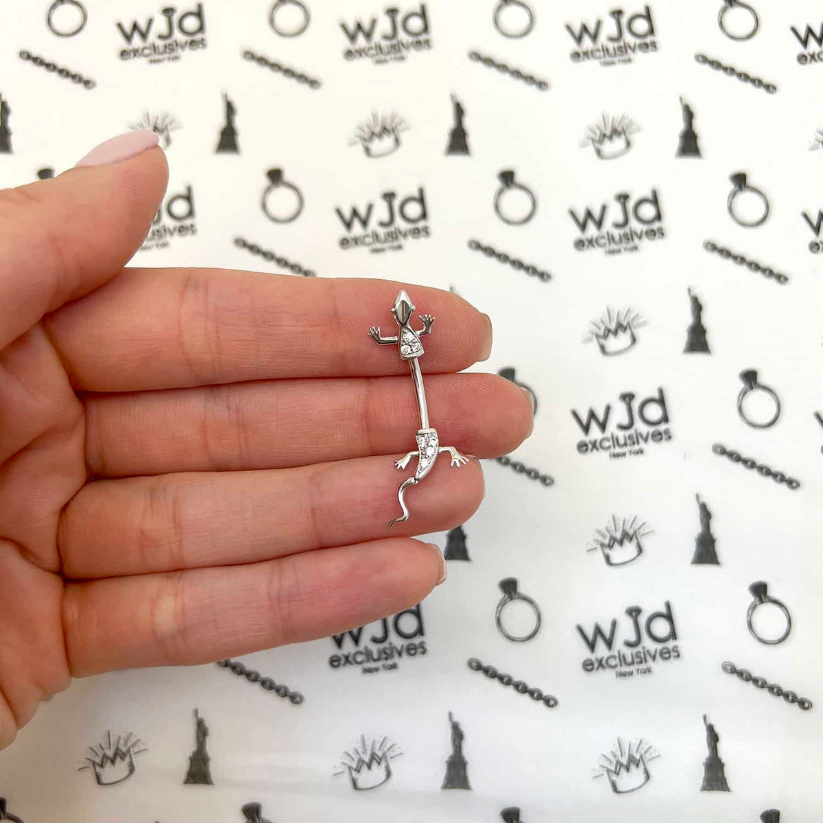 14K White Gold CZ Lizard Belly Button Navel Ring 14G
