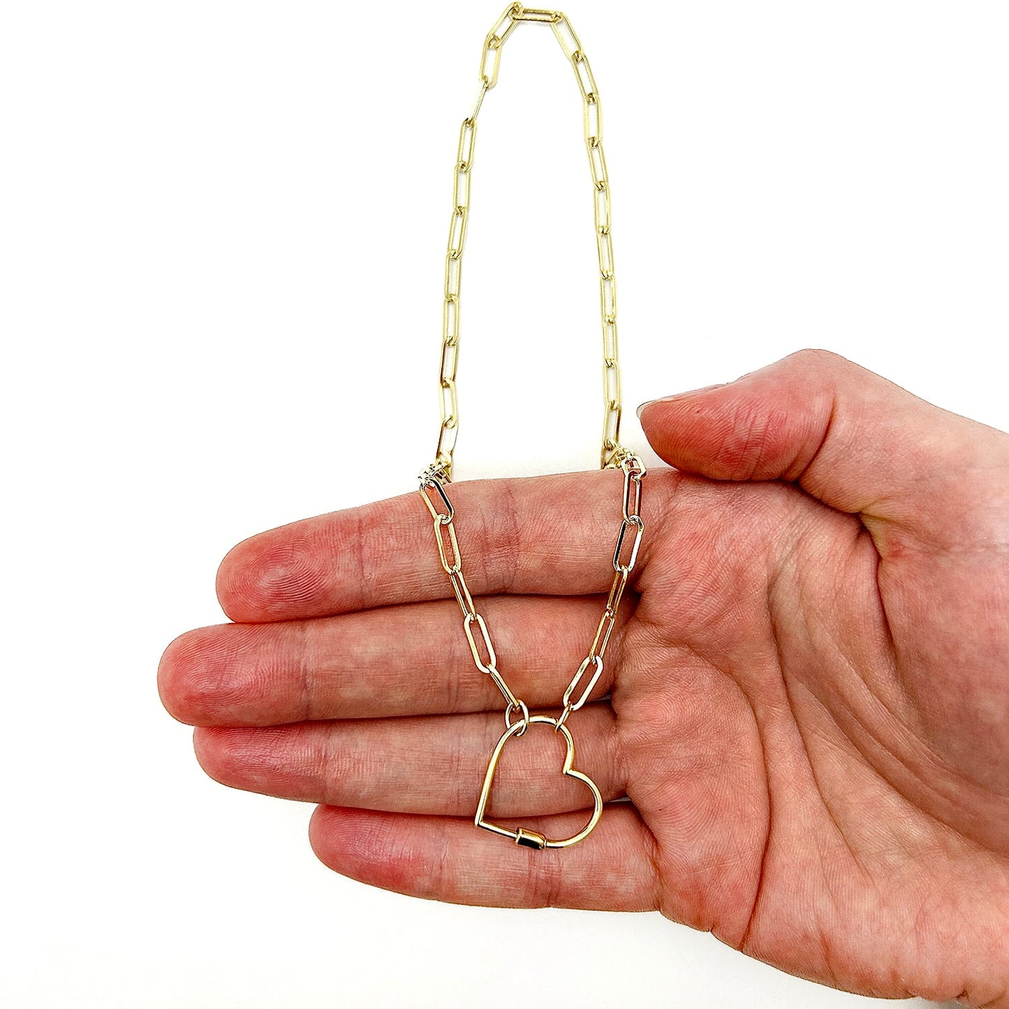 14K Real Gold Carabiner Heart Lock Pendant 4mm Paperclip Necklace 18"