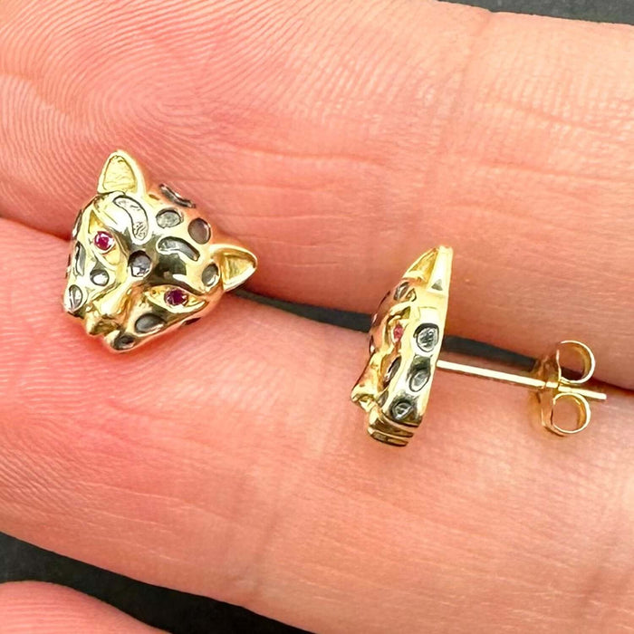 14K Gold CZ Ruby Eyes Leopard Stud Earrings 8.5mm - WJD Exclusives
