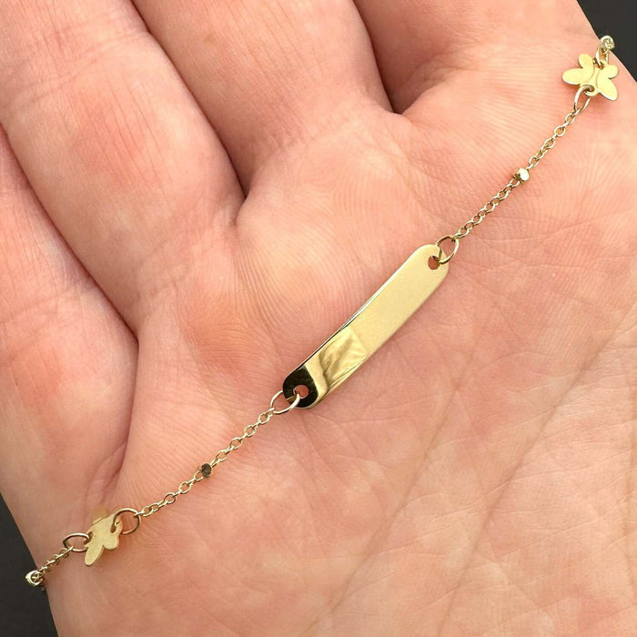 Kids 14K Yellow Gold Engravable ID Bar Butterfly Bracelet (Solid Links) 4.75" - 5.5" Adjustable - WJD Exclusives
