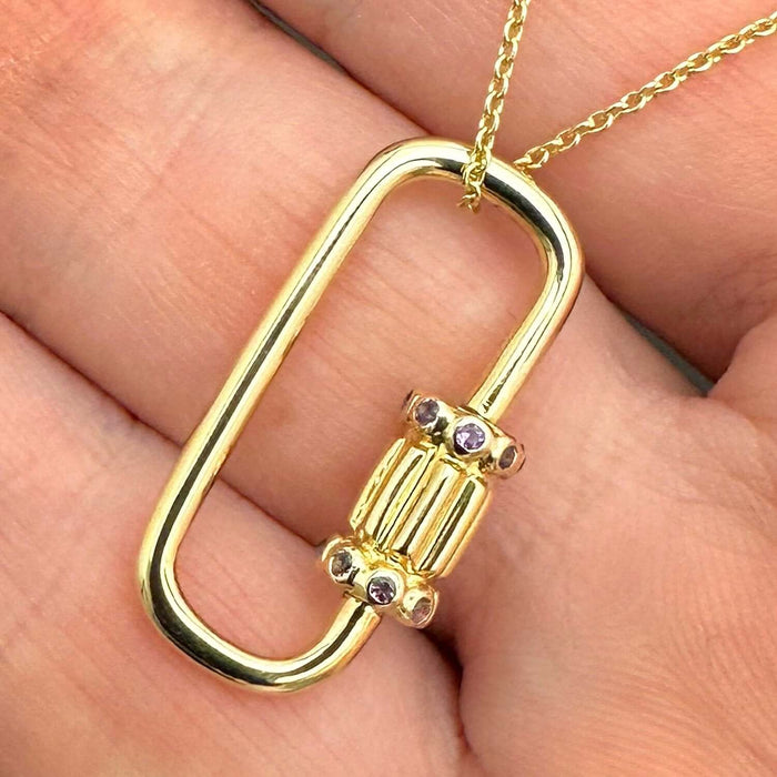 14K Gold Purple CZ Carabiner Pendant Necklace 16" - WJD Exclusives