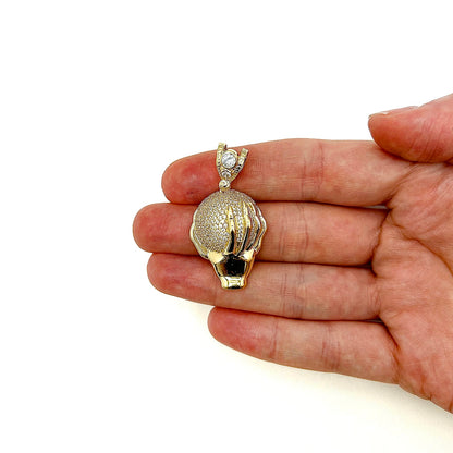 14k Solid Yellow Gold 5Ct CZ World Globe Hand Pendant 1.6"