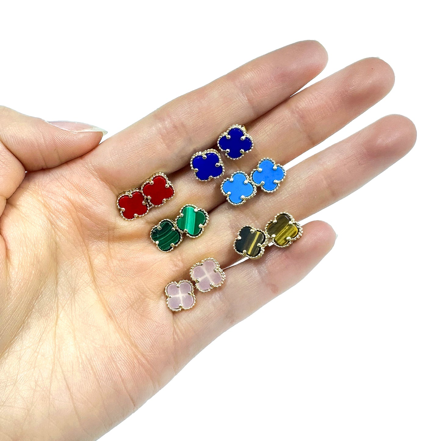 14K Yellow Gold Clover Gemstone Stud Earrings Bezel Set