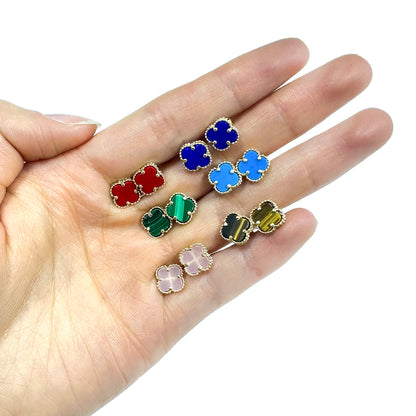 14K Yellow Gold Clover Gemstone Stud Earrings Bezel Set