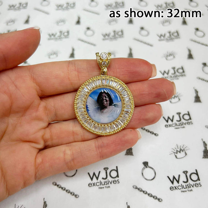 14K Yellow Gold Baguette CZ Photo Medallion Pendant 1.10", 1.26"