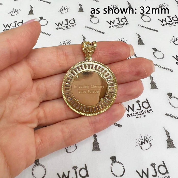 14K Yellow Gold Baguette CZ Photo Medallion Pendant 1.10", 1.26"