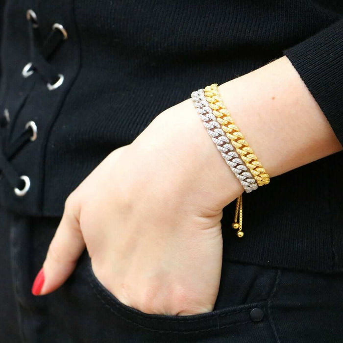 Yellow White Rose Gold Over Silver 6.5mm Miami Cuban CZ Bracelet (Solid Links) 5"-9" Adjustable