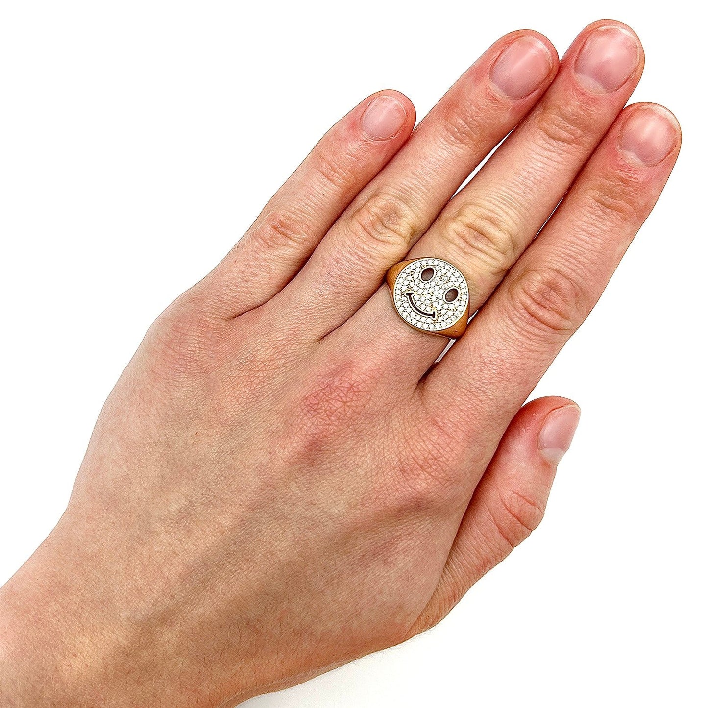14K Real Gold 0.80CTW CZ White Pink Smiley Face Emoji Signet Ring