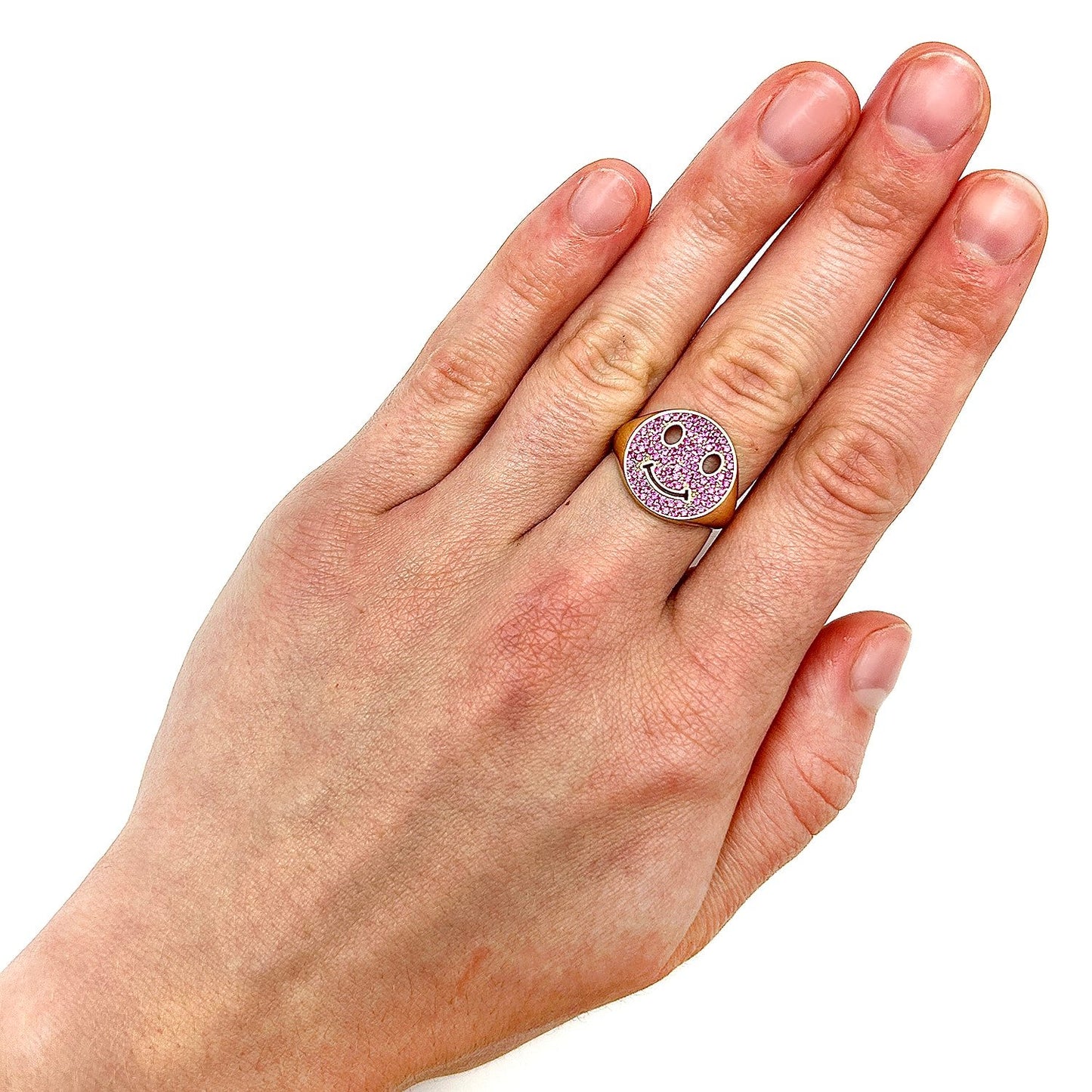 14K Real Gold 0.80CTW CZ White Pink Smiley Face Emoji Signet Ring