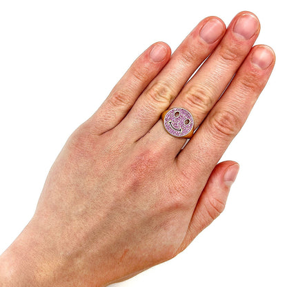 14K Real Gold 0.80CTW CZ White Pink Smiley Face Emoji Signet Ring