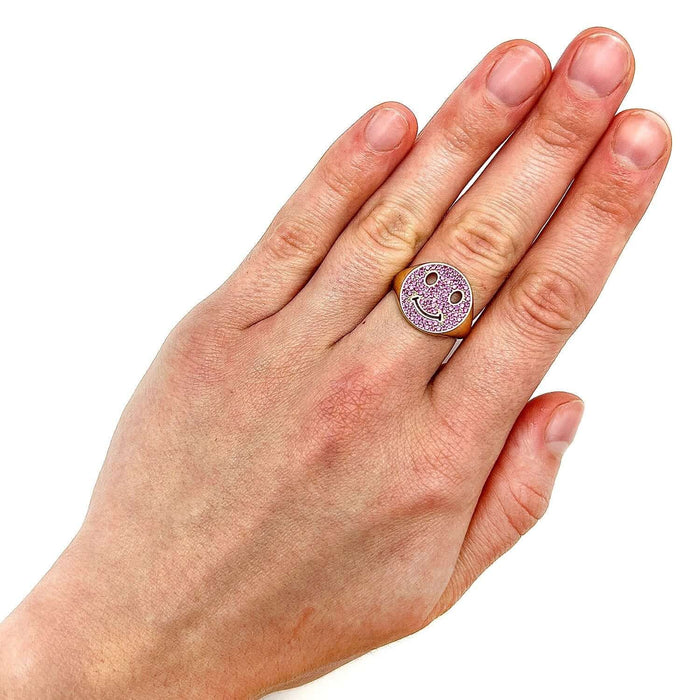 14K Gold 0.80CTW CZ White Pink Smiley Face Emoji Signet Ring - WJD Exclusives