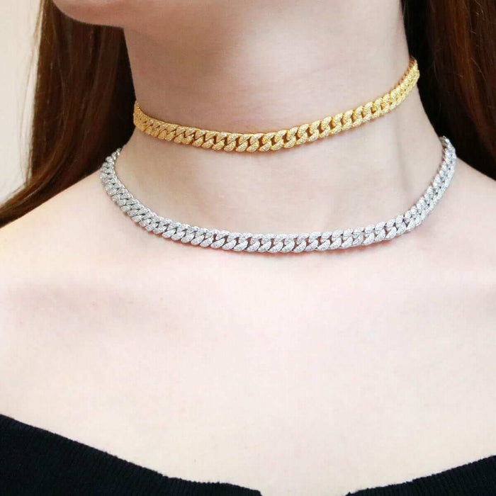 Gold Over Silver 6.5mm CZ Miami Necklace (Solid Links) 14"-22" Adjustable