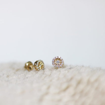 0.50Ct Real Diamond 14k Yellow Gold Halo Screw Back Stud Earrings 7mm