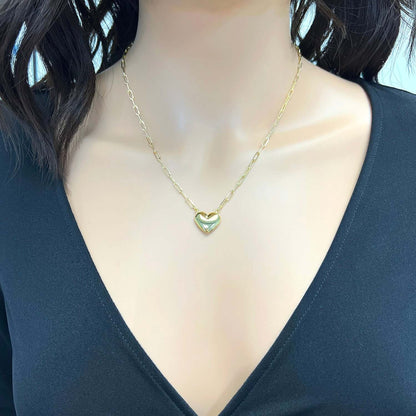 14K Yellow Gold Puffed Heart Pendant 2.5mm Paperclip Necklace 18"