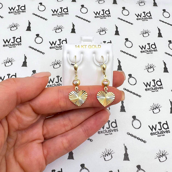 14K Yellow Gold CZ Diamond-Cut Heart Leverback Earrings 35mm