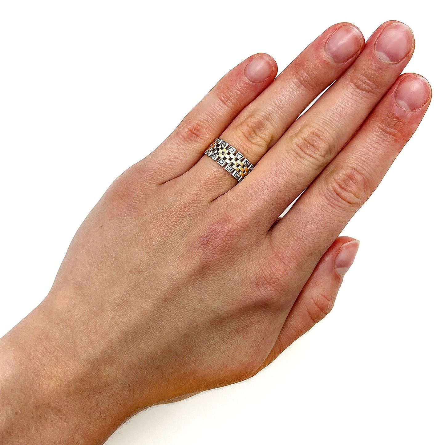14K Real Gold Two-Tone White CZ Woven Lattice Ring