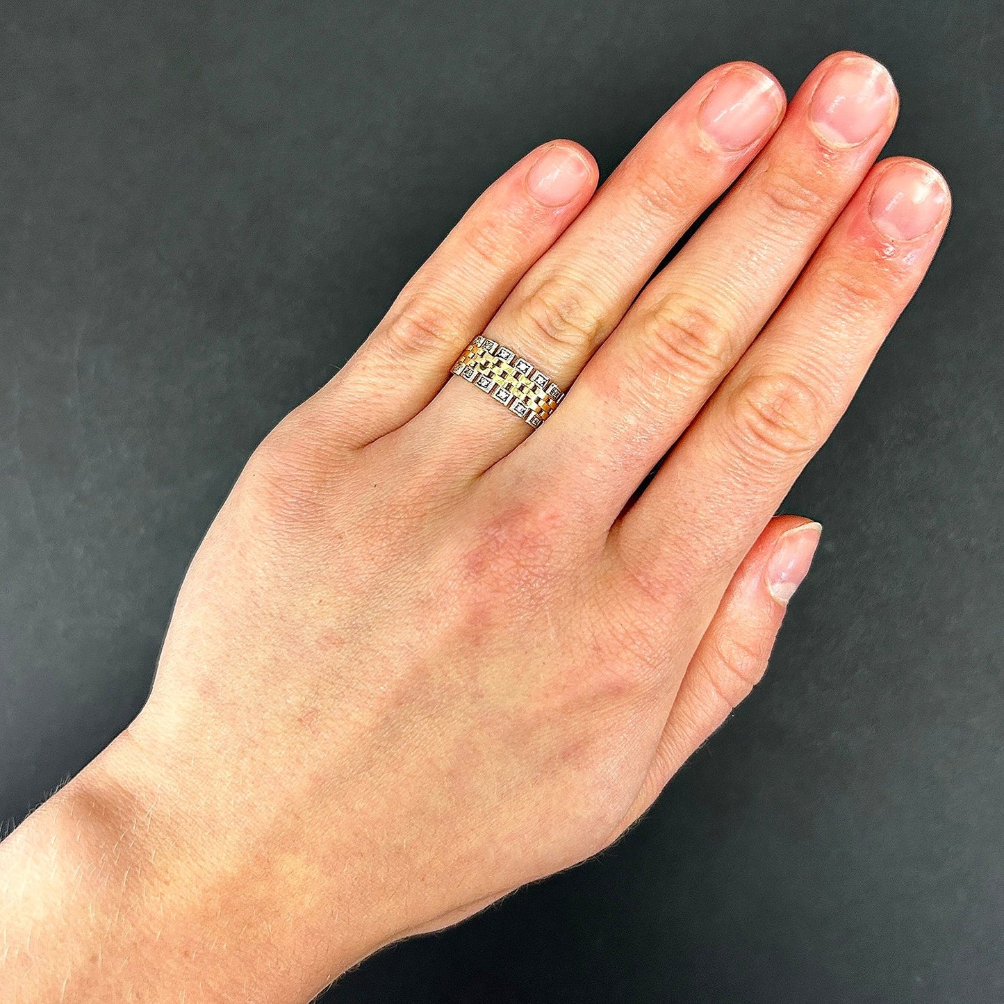 14K Real Gold Two-Tone White CZ Woven Lattice Ring