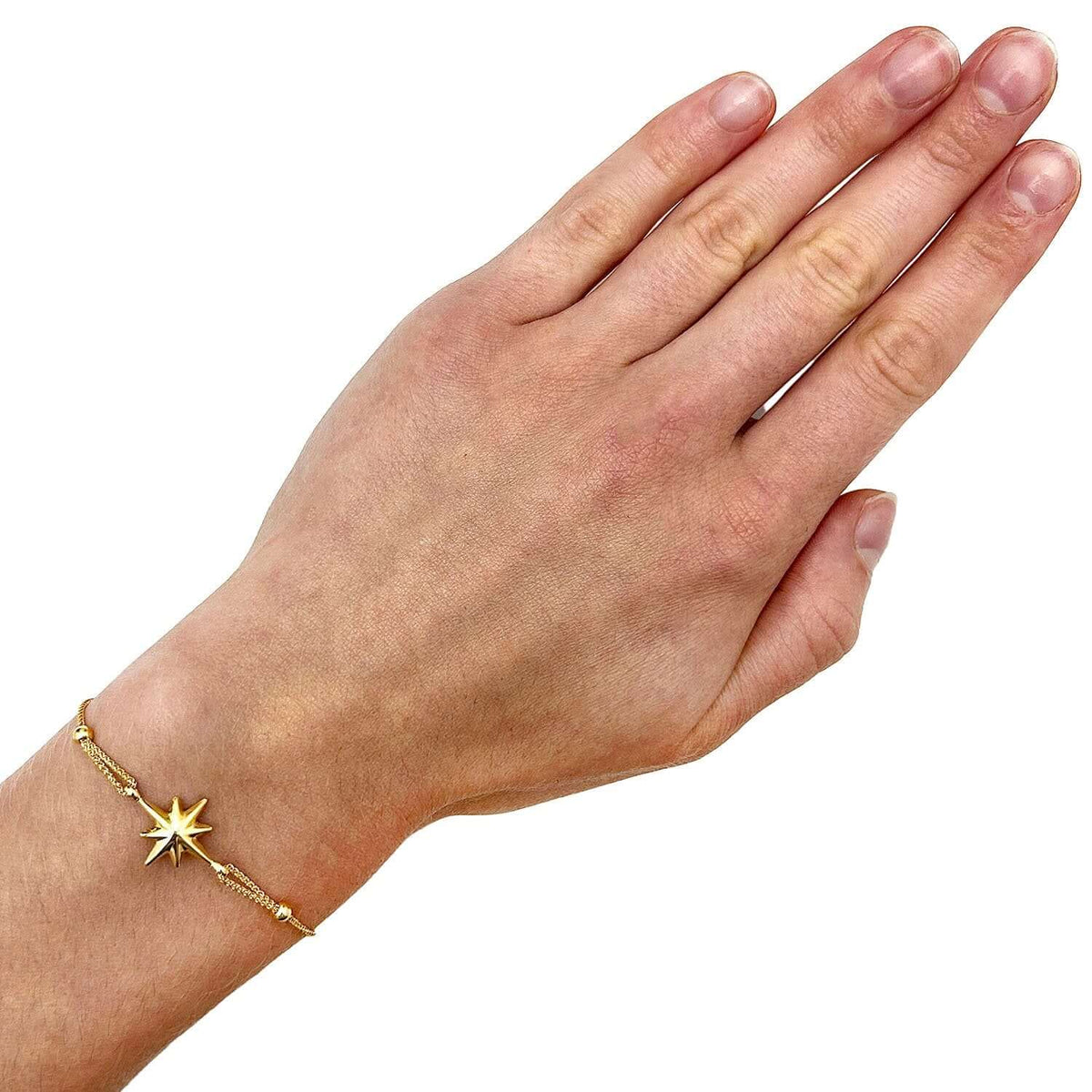 14K Yellow Gold North Star Medallion Bolo Bracelet (Solid Links) 5" - 9.25" Adjustable - WJD Exclusives