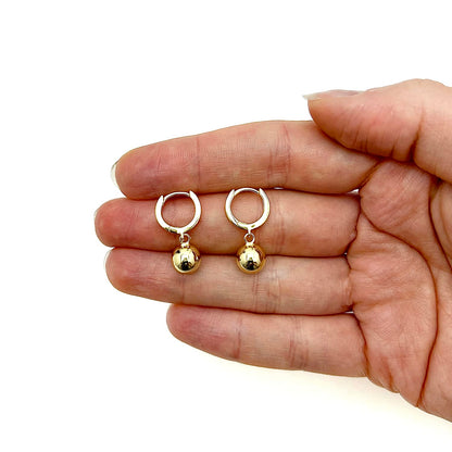 18K Yellow Gold Over Sterling Silver 8mm Drop Ball Earrings 20mm