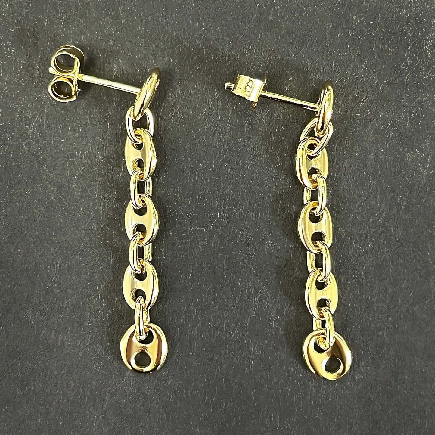 18K Gold Over Sterling Silver Puffed Mariner Drop Chain Earrings 36mm