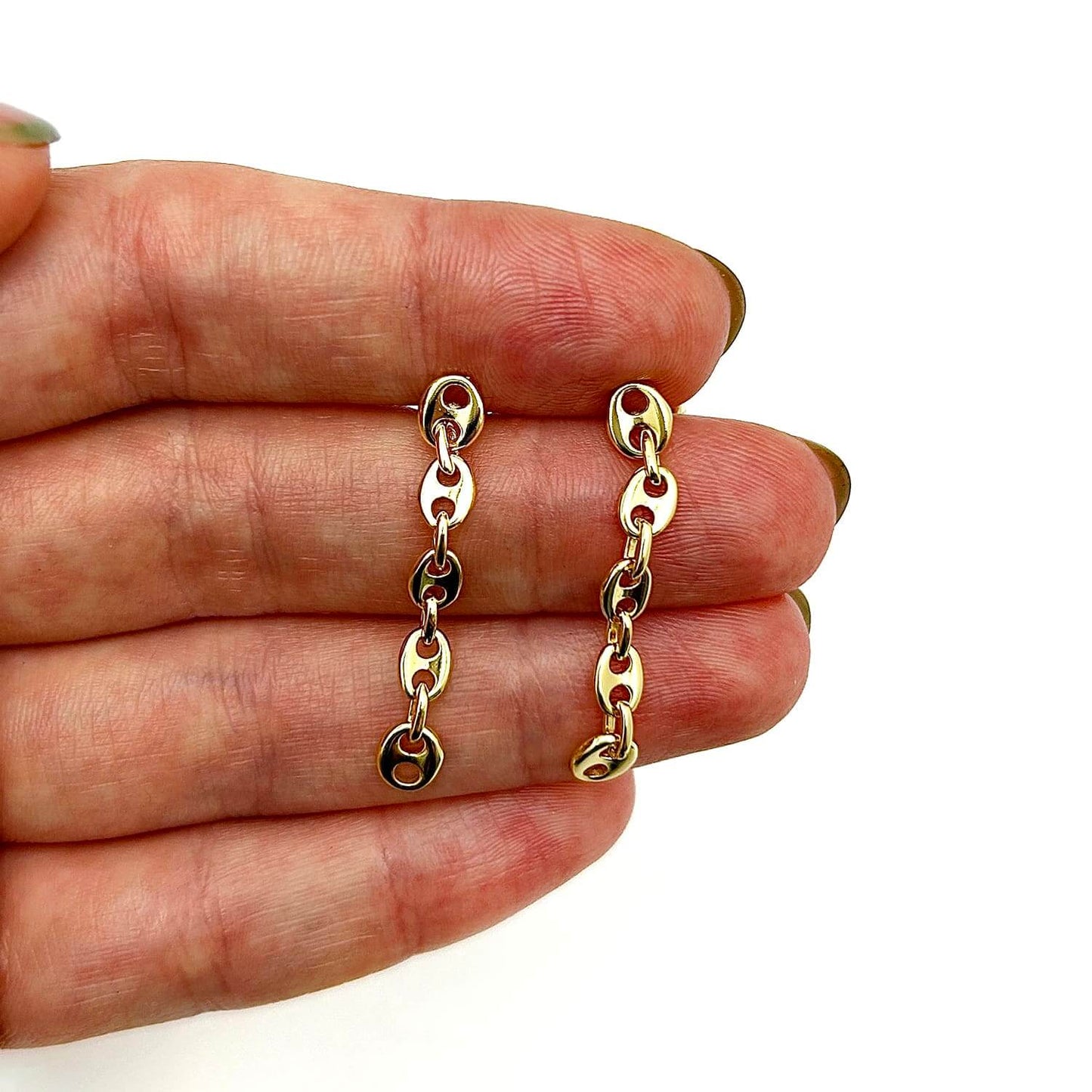 18K Gold Over Sterling Silver Puffed Mariner Drop Chain Earrings 36mm