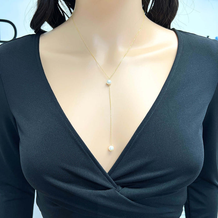 14K Yellow Gold 0.5mm Cable Cultured Pearl Drop Lariat Necklace (Hollow) 17"