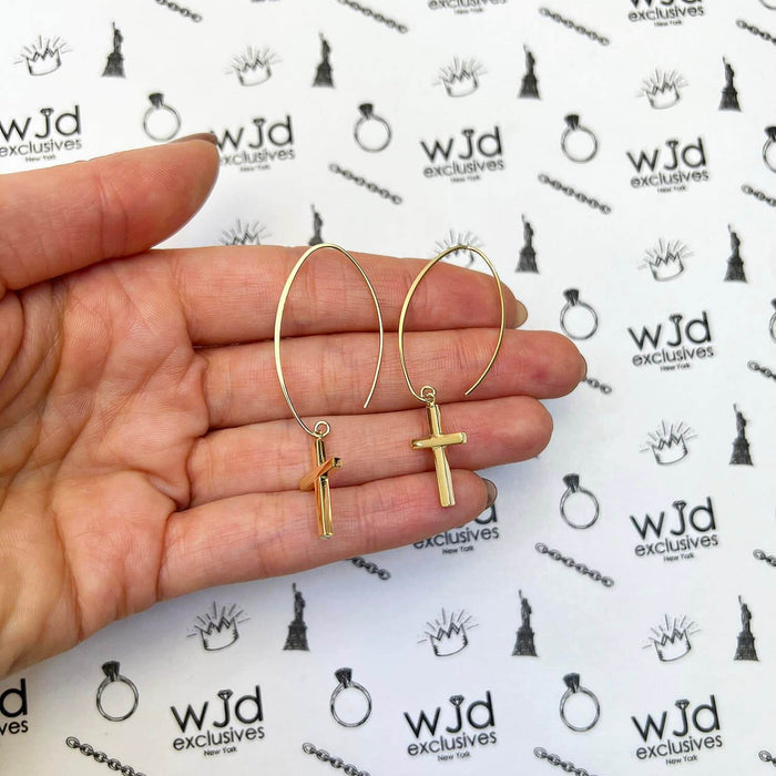 14K Yellow Gold Shiny Square Tube Drop Cross Euro Wire Clasp Earrings 2"