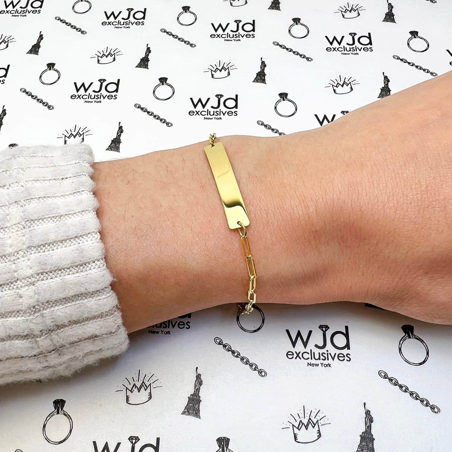 14K Yellow Gold 2mm Paperclip Name ID Bar Tag Bracelet Adjustable 6"-7"