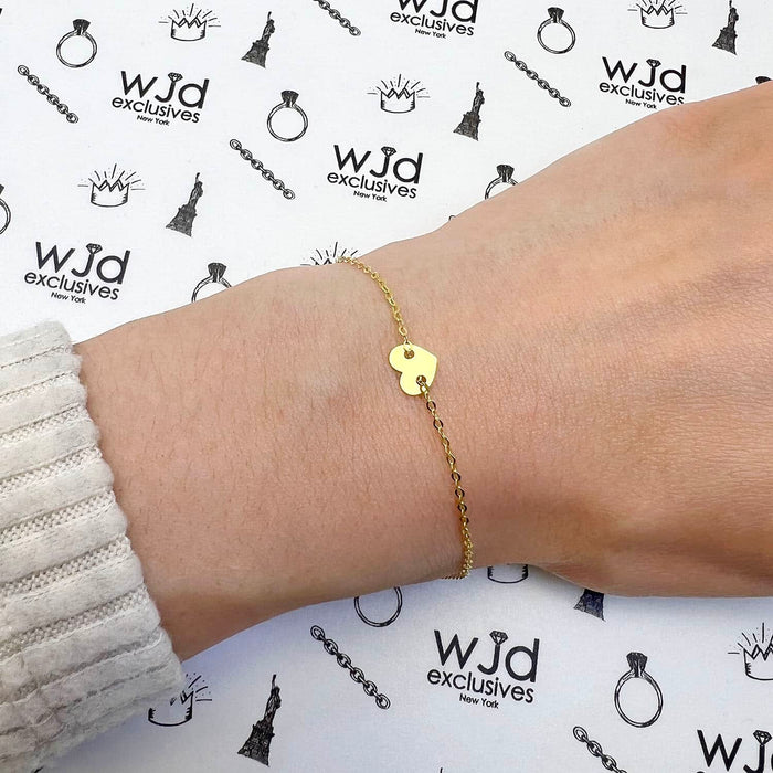 14K Yellow Gold Cable Heart Charm Bracelet 6.25"-7" Adjustable (Hollow)