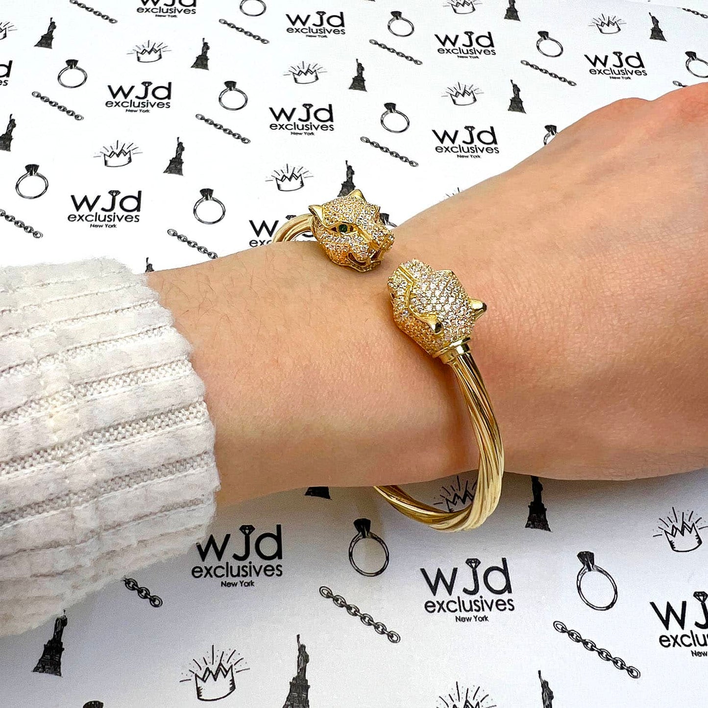 14K Yellow Gold CZ Pave Panther Head Bangle Bracelet 6.75"