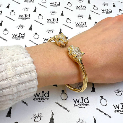 14K Yellow Gold CZ Pave Panther Head Bangle Bracelet 6.75"