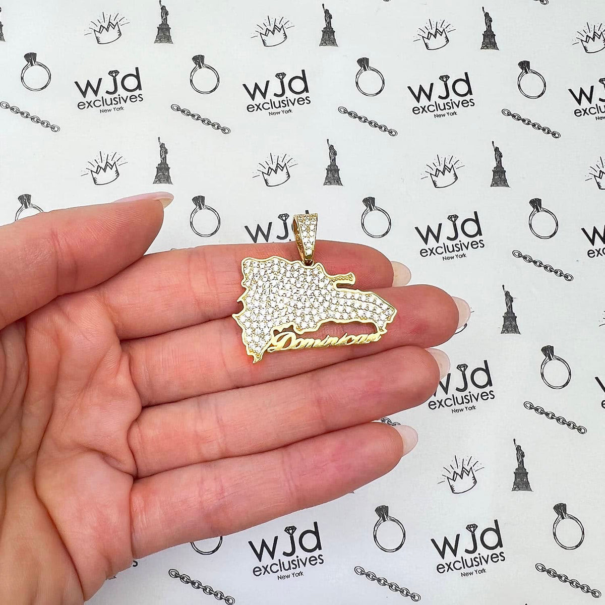 14K Yellow Gold CZ Pave Dominican Map Pendant 1.3" - WJD Exclusives